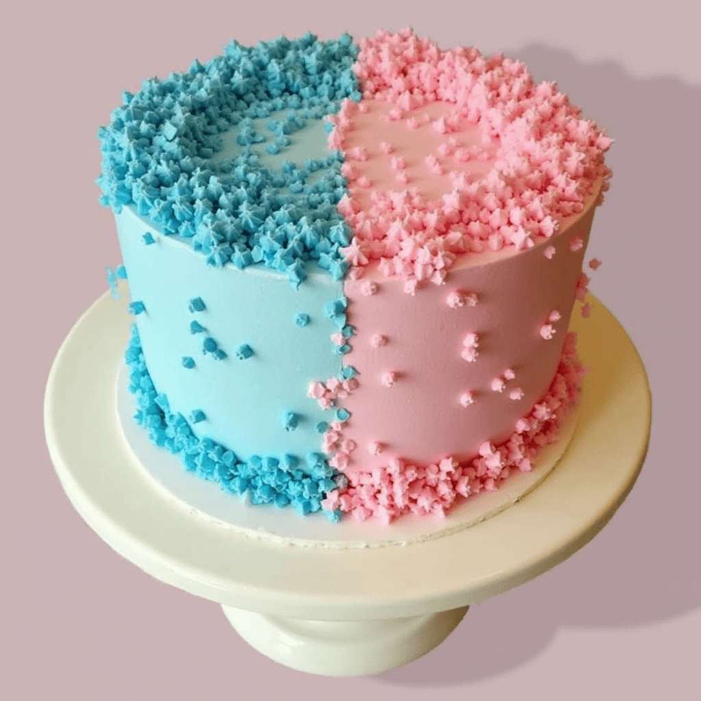 Gender reveal cake decorated with blue and pink frosting, showcasing a creative design for a special celebration