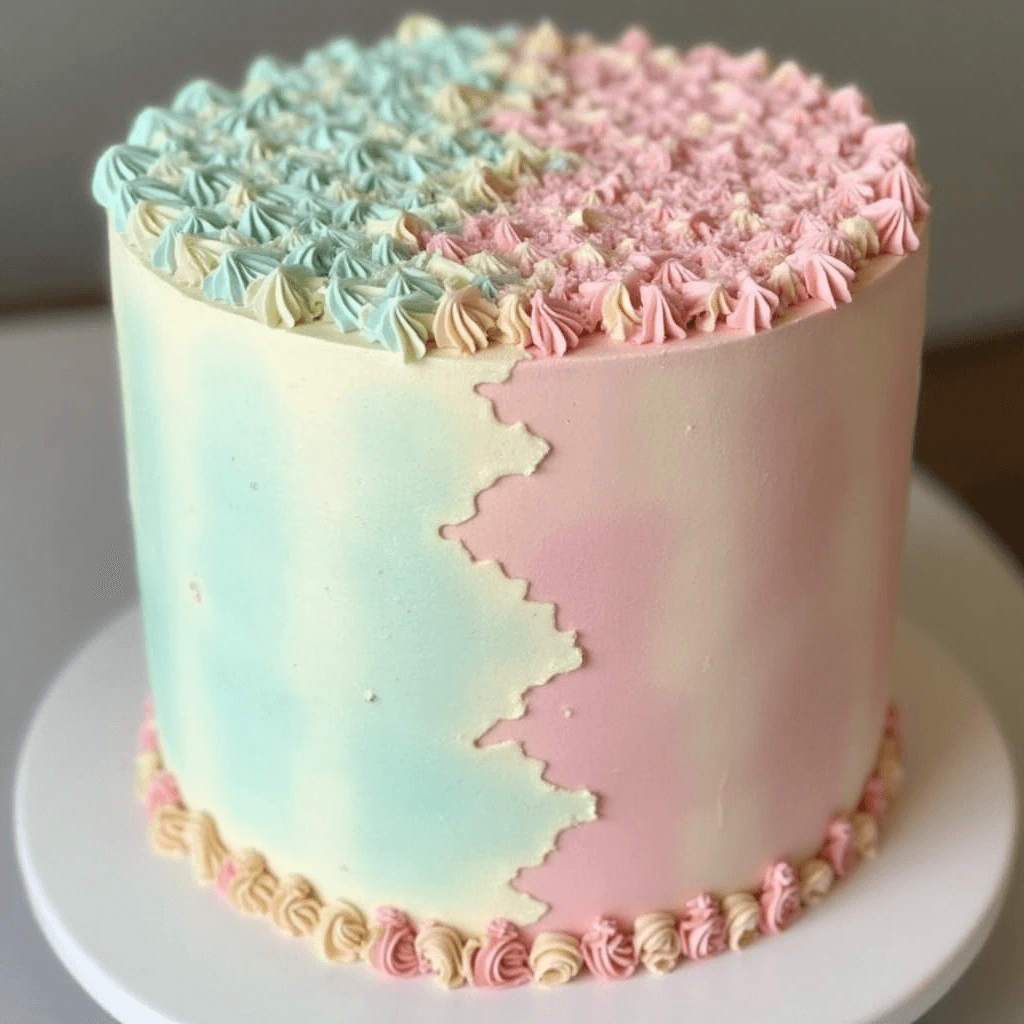 Homemade gender reveal cake with colorful pink and blue layers inside.