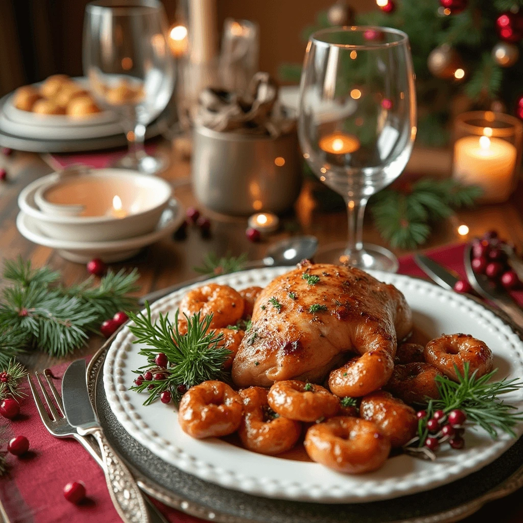 Delicious and festive Christmas dinner spread with roast turkey, mashed potatoes, cranberry sauce, and roasted vegetables.