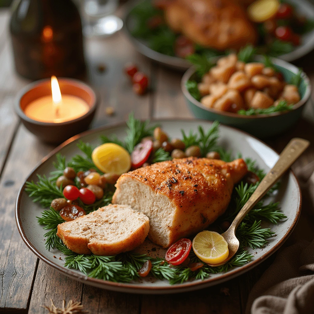 Christmas dinner ideas with a festive spread of roast turkey, side dishes, and desserts.