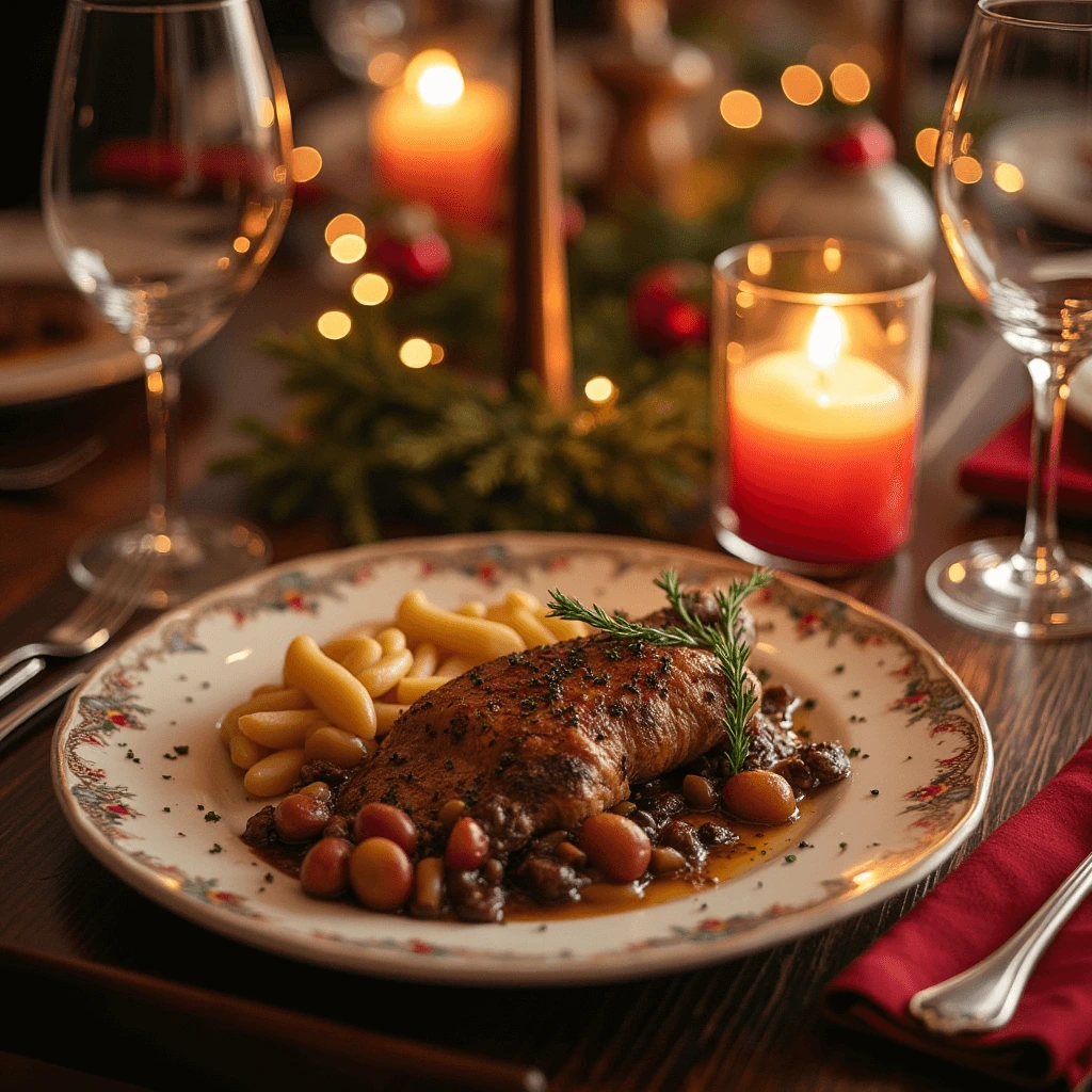 Christmas dinner table with festive dishes including roast turkey, mashed potatoes, cranberry sauce, and holiday decorations.