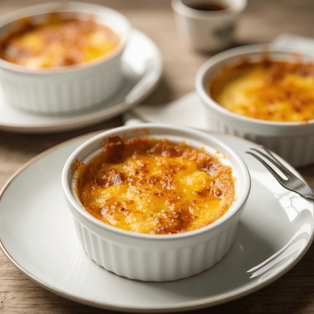 Golden Crab Brulee served in a ramekin with a caramelized crust and garnished with parsley.