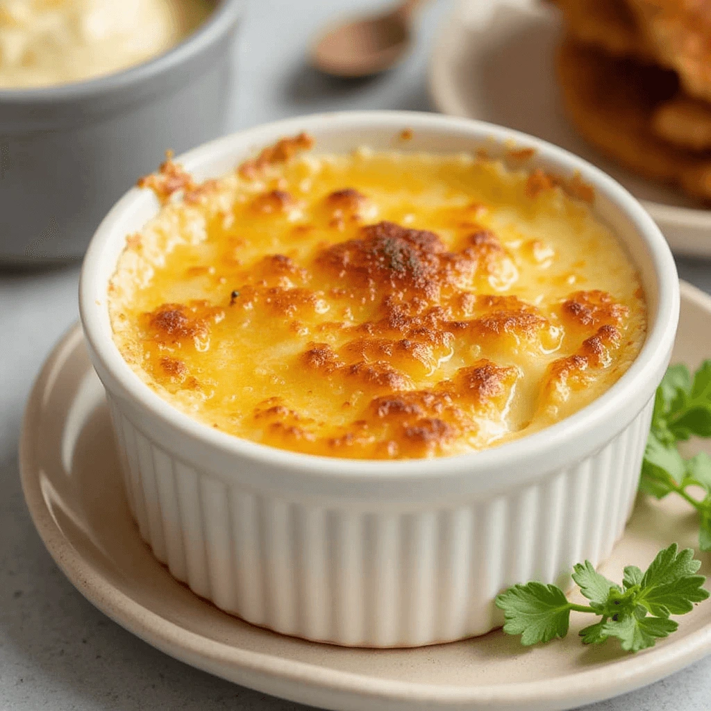 A close-up of a golden-brown Crab Brulee served in a white ramekin, topped with a crispy caramelized crust and garnished with fresh herbs.