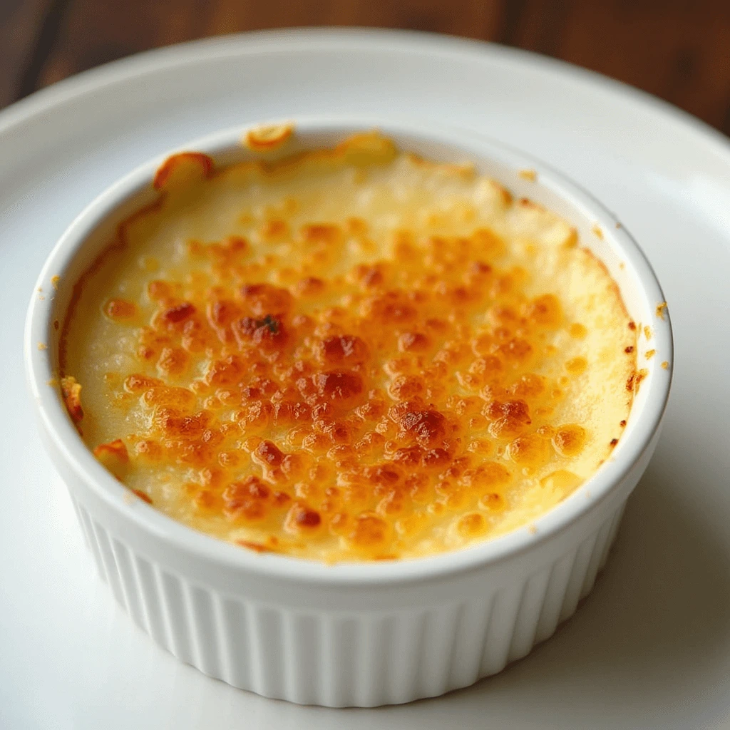 A beautifully presented Crab Brulee served in a ramekin with a caramelized golden crust, garnished with fresh herbs and lemon slices.