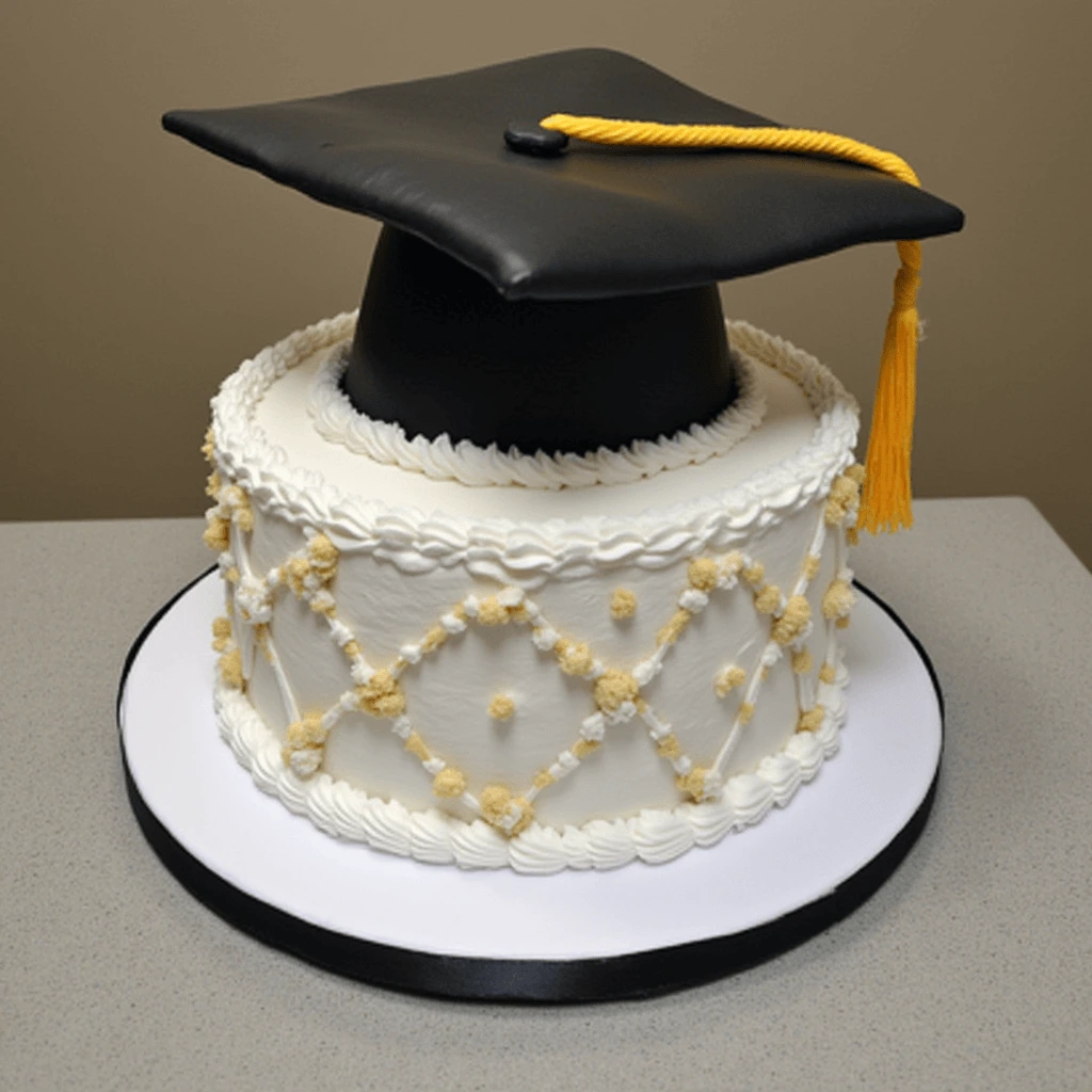 A colorful graduation cake featuring a mortarboard, diploma, and celebratory decorations.