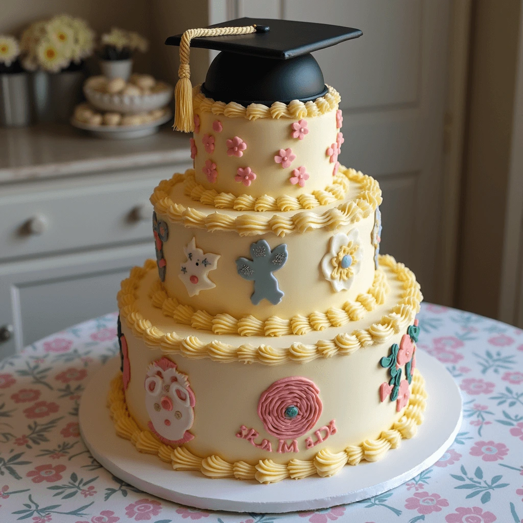 Graduation cake with a "Class of 2024" topper, decorated in black and gold with a graduation cap design.