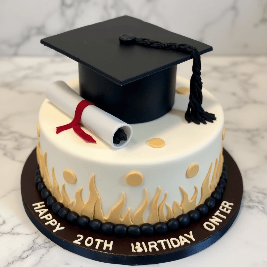 Graduation cake decorated with a diploma and graduation cap, featuring school colors and personalized details.