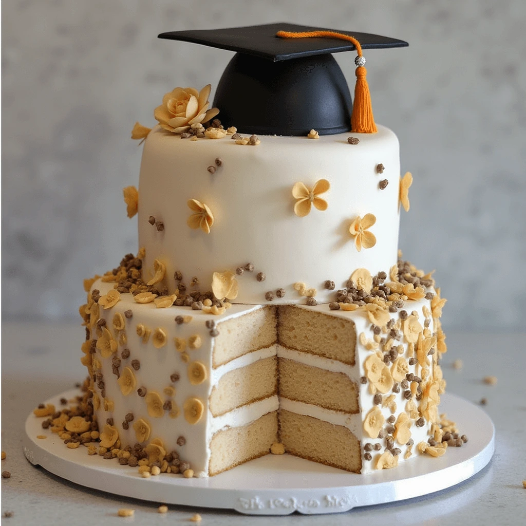 A beautifully decorated graduation cake with a mortarboard topper, diploma, and festive colors.