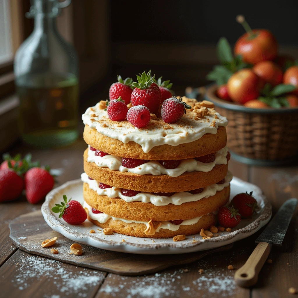 18th-century Queen’s Cake with royal frosting and decorative fruits.