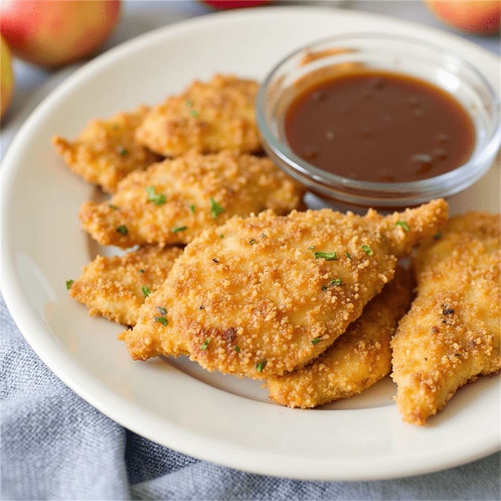 Delicious Apple and Honey-Glazed Chicken Tenders on a plate with a golden, caramelized glaze and fresh apple slices