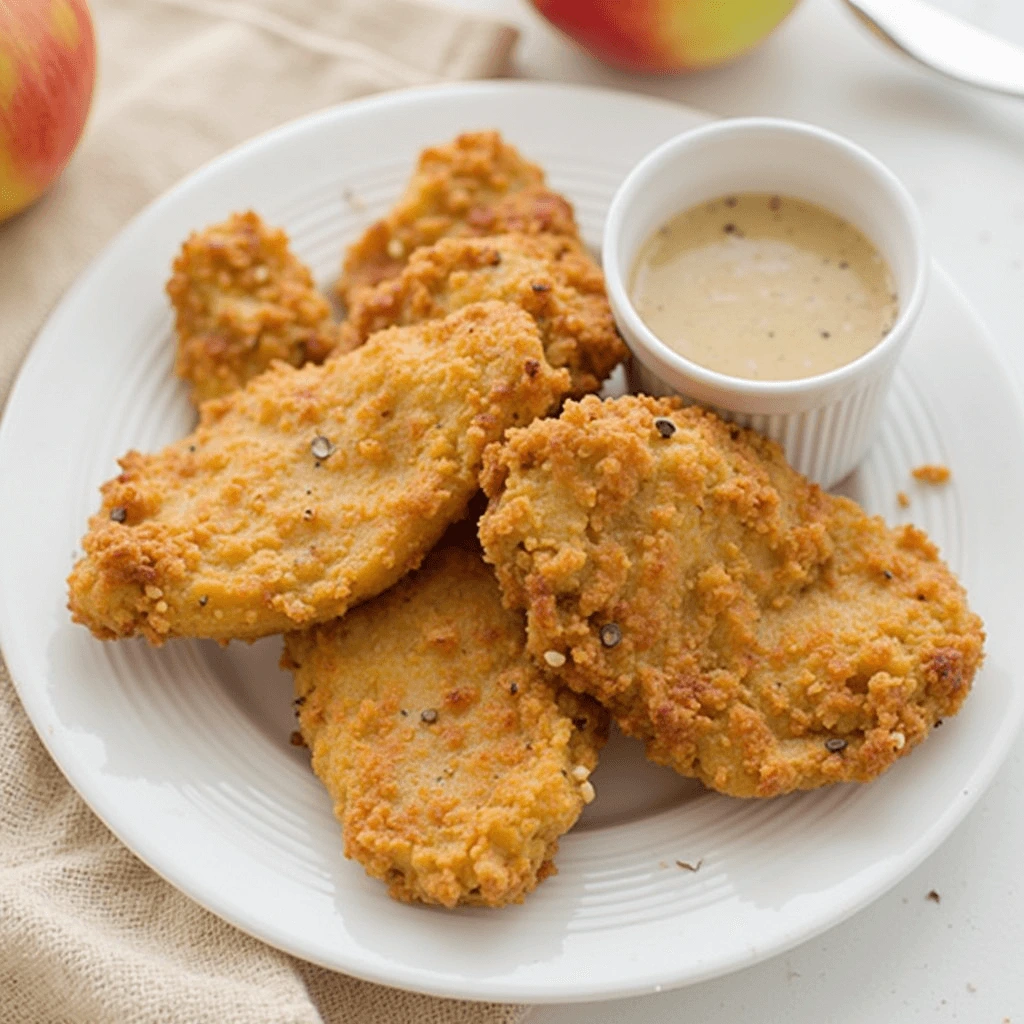 Juicy apple and honey-glazed chicken tenders served on a rustic wooden platter with fresh apple slices and a drizzle of honey.