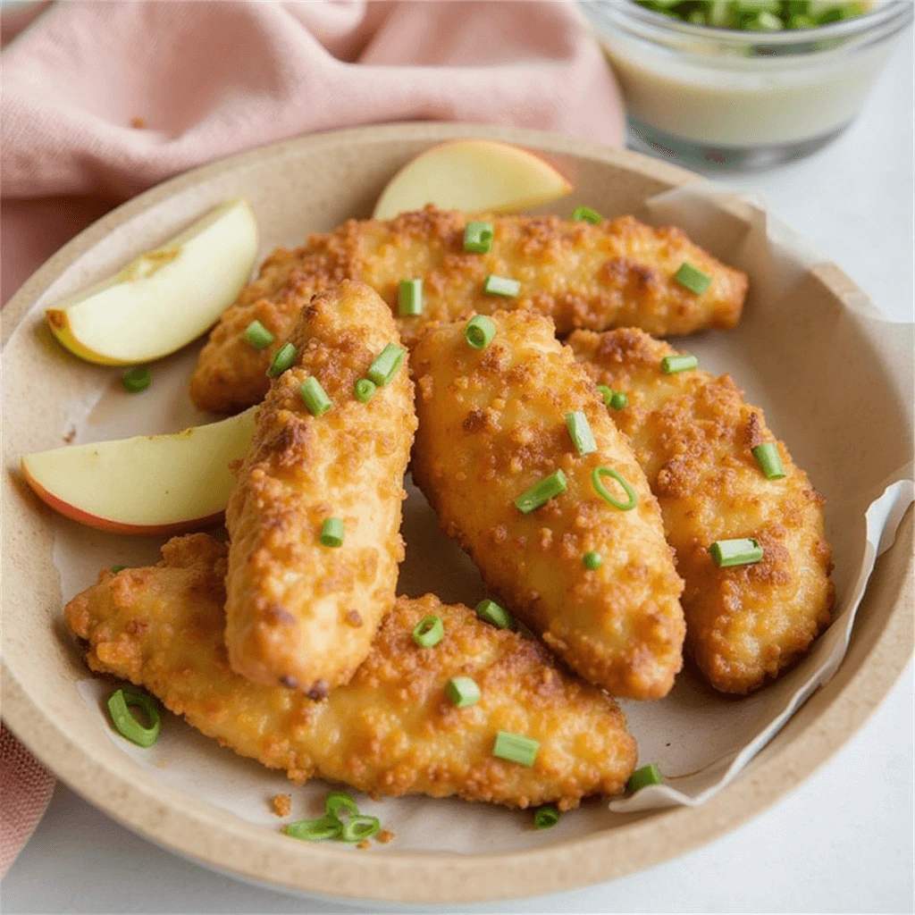 Golden-brown chicken tenders glazed with apple and honey, served on a white plate with a garnish of fresh herbs.