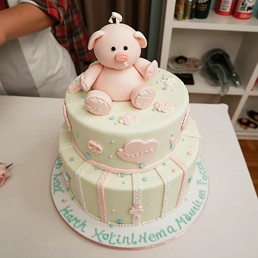 Beautiful baby shower cake with pastel decorations and cute baby-themed cake toppers.