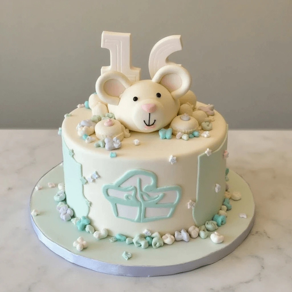 Gorgeous baby shower cake with soft pastel colors and themed decorations like baby bottles and onesies.