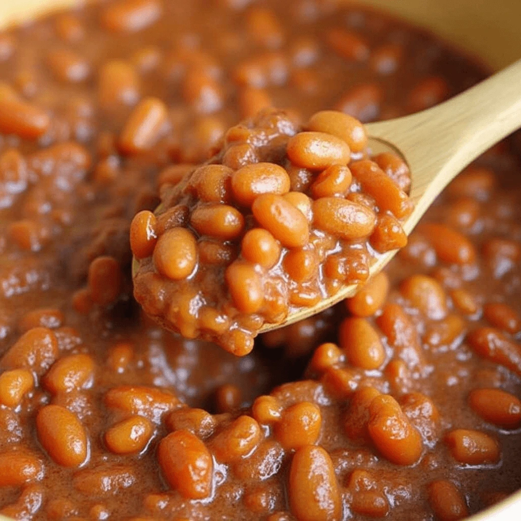  A bowl of homemade baked beans with a rich, smoky sauce served with bread on the side.