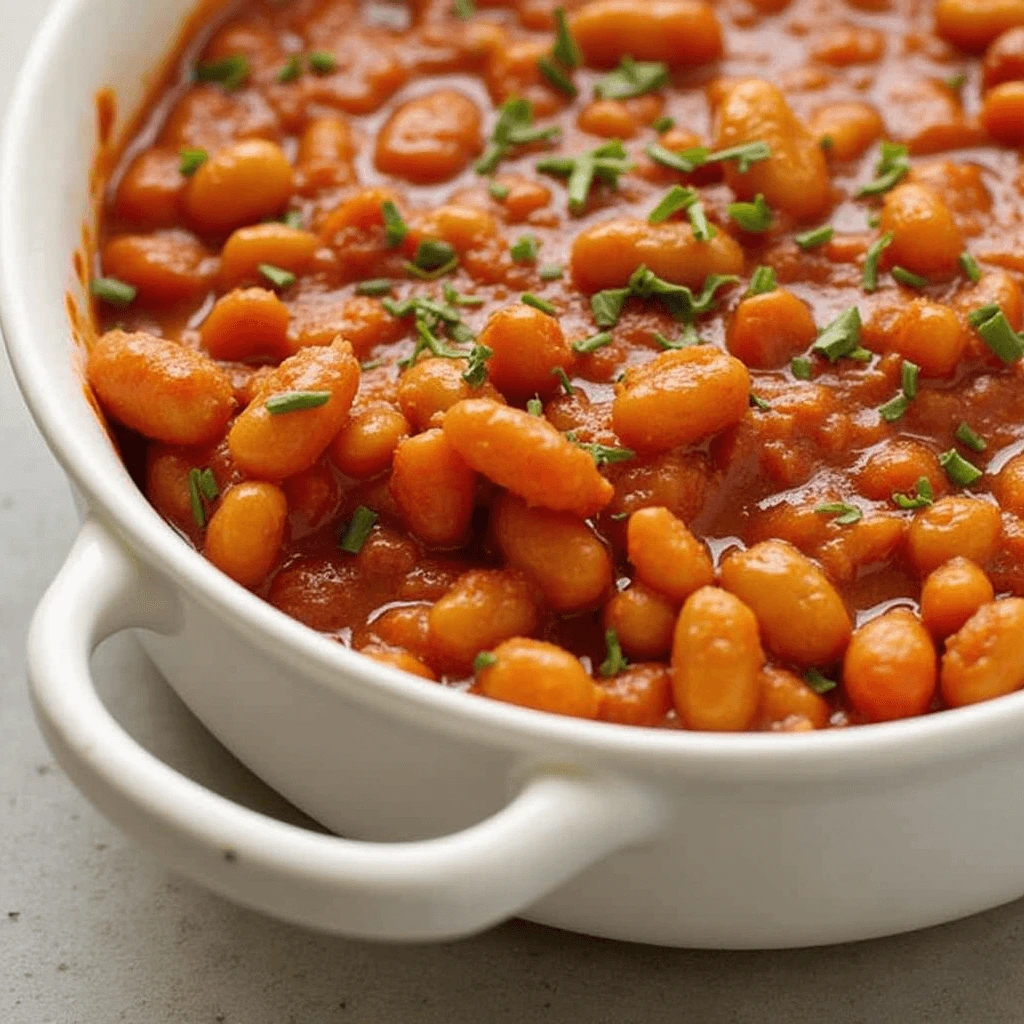 Close-up of homemade baked beans in a rustic bowl, topped with fresh parsley and served with a side of cornbread.