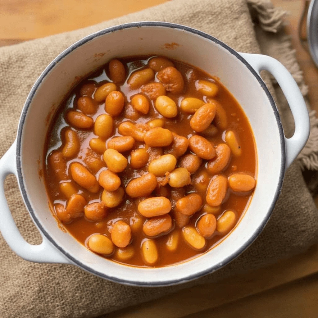 Rustic baked beans served in a cast-iron skillet with a golden caramelized top, surrounded by fresh parsley and a spoon.