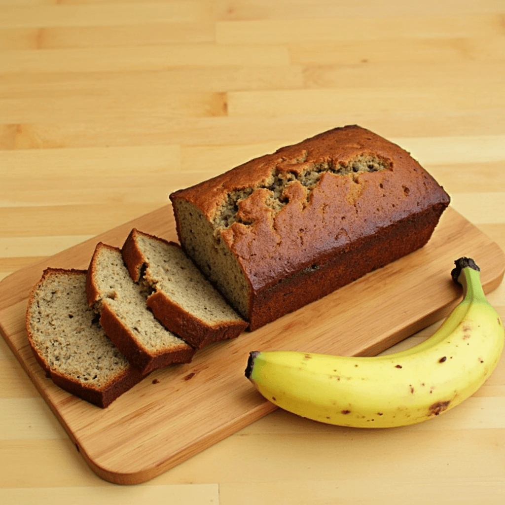 Banana bread made with 2 bananas, freshly baked and sliced