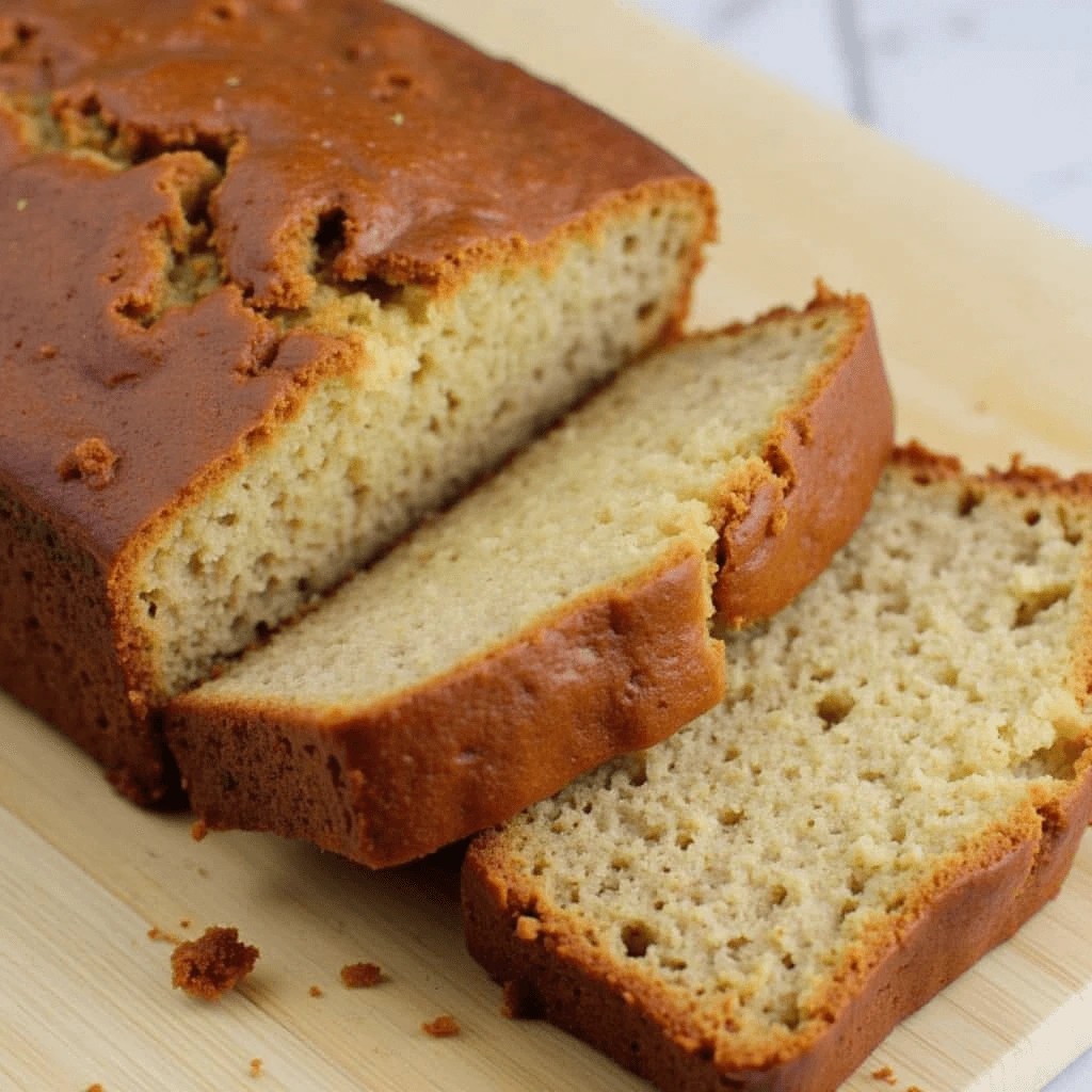 Freshly baked banana bread made with 2 ripe bananas, sliced and ready to serve.