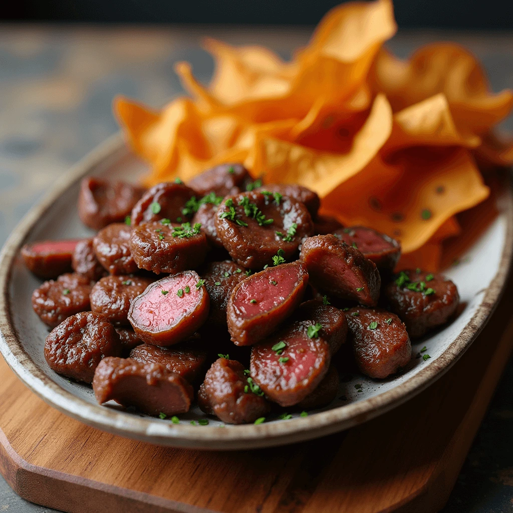 Thin, crispy beef chips arranged on a wooden platter with herbs and a small dipping sauce on the side.