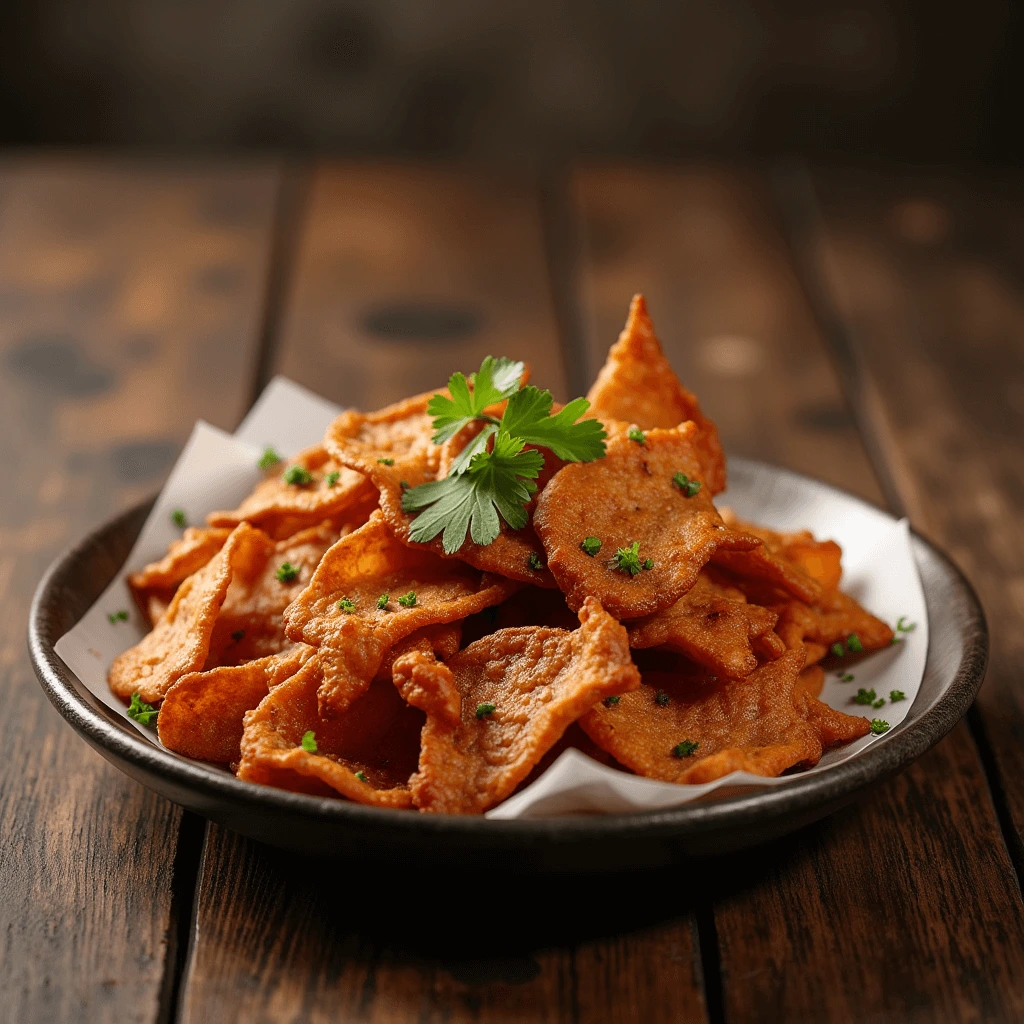 Crispy, golden beef chips served in a bowl with a sprinkle of sea salt, showcasing their savory texture and flavor.