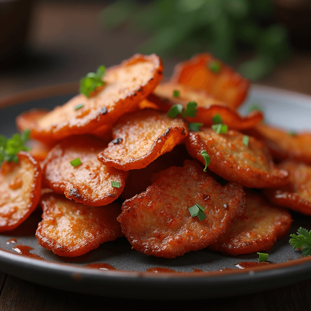 Homemade beef chips in a bowl with a crunchy texture.