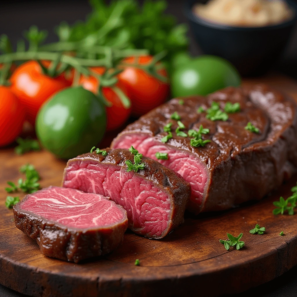 Fresh slices of beef liver on a wooden cutting board with herbs and spices.