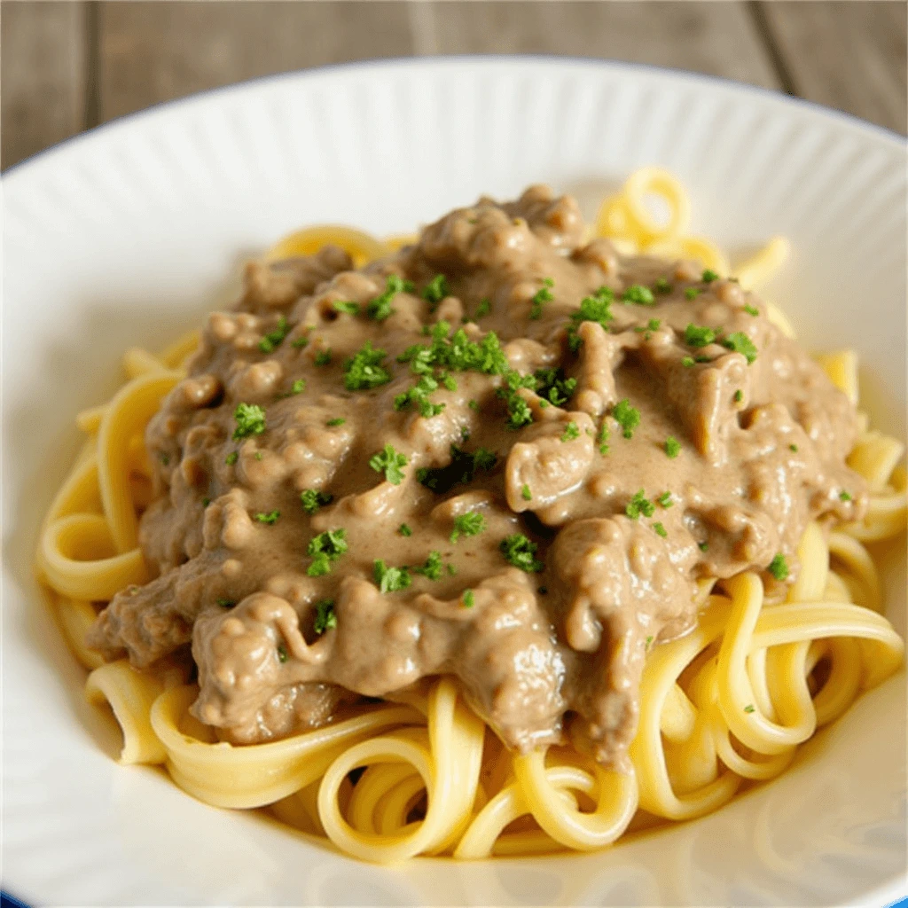 Beef Stroganoff with creamy sauce, tender beef strips, mushrooms, and parsley served over egg noodles.