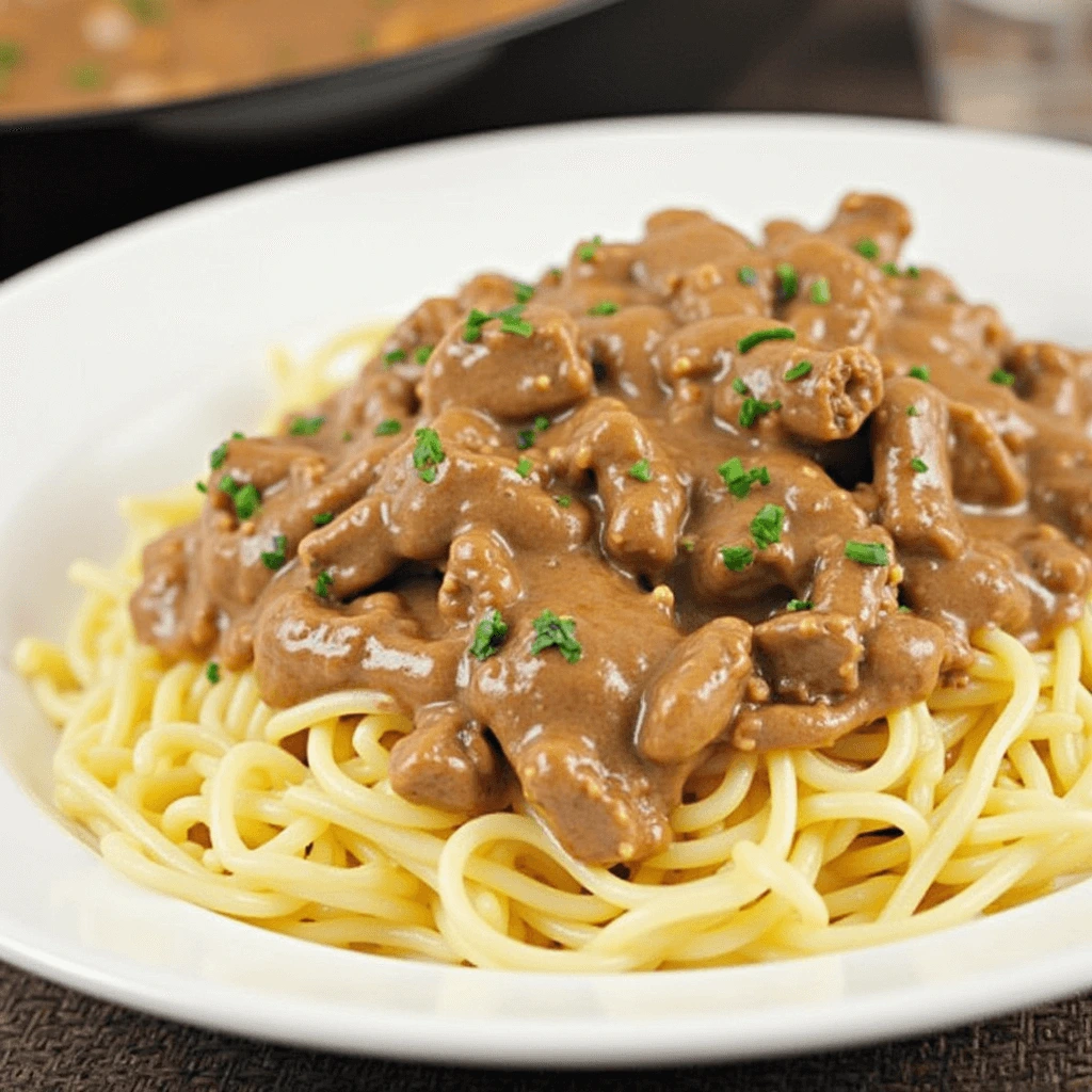 Classic Beef Stroganoff served over egg noodles with creamy sauce, tender beef strips, and fresh parsley garnish.