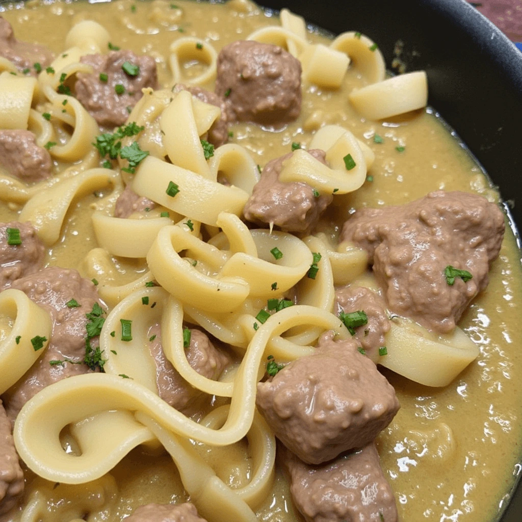 Delicious Beef Stroganoff served with creamy sauce, tender beef, and egg noodles.