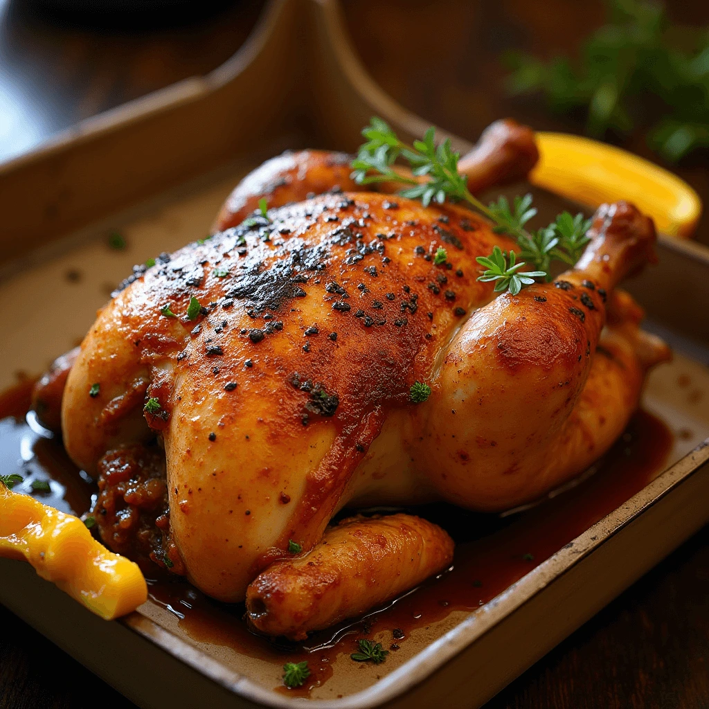 Braised chicken in the oven with crispy skin, golden and juicy.
