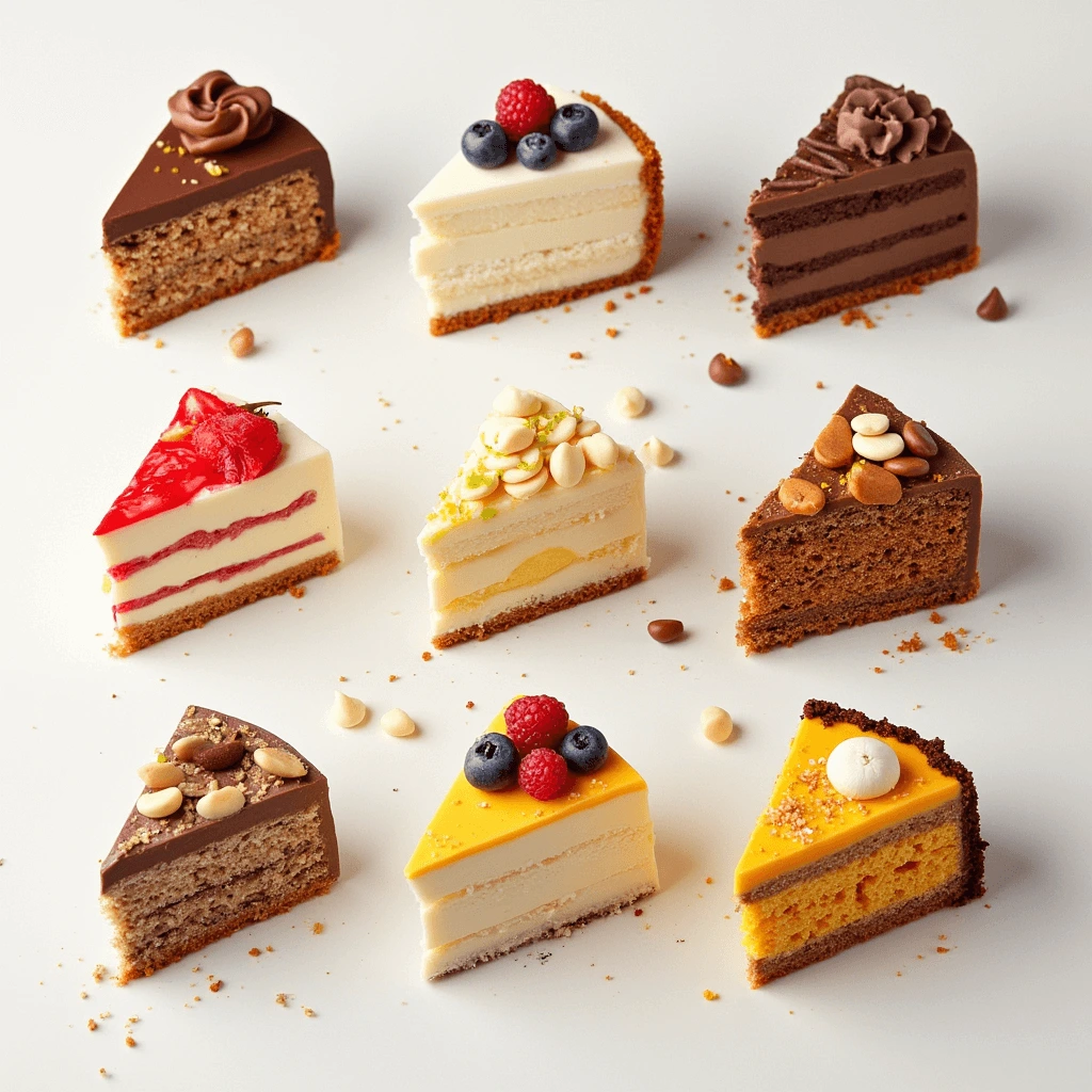 An assortment of cakes with unique flavors, including matcha, lavender honey, passionfruit, and black sesame, displayed on a rustic wooden table.