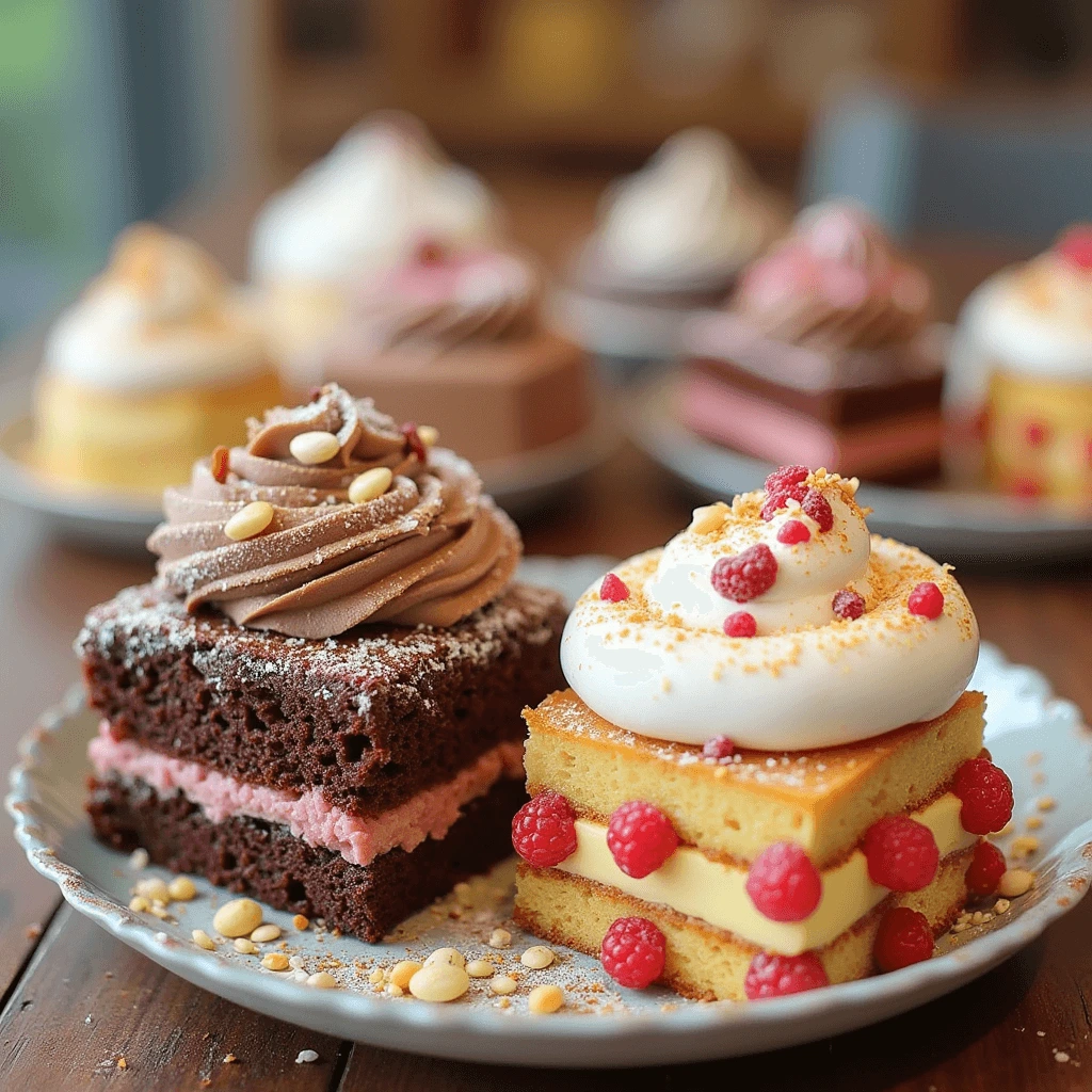 A variety of colorful cakes featuring unique flavors like matcha, lavender, passionfruit, and coconut lime, beautifully displayed on a dessert table."