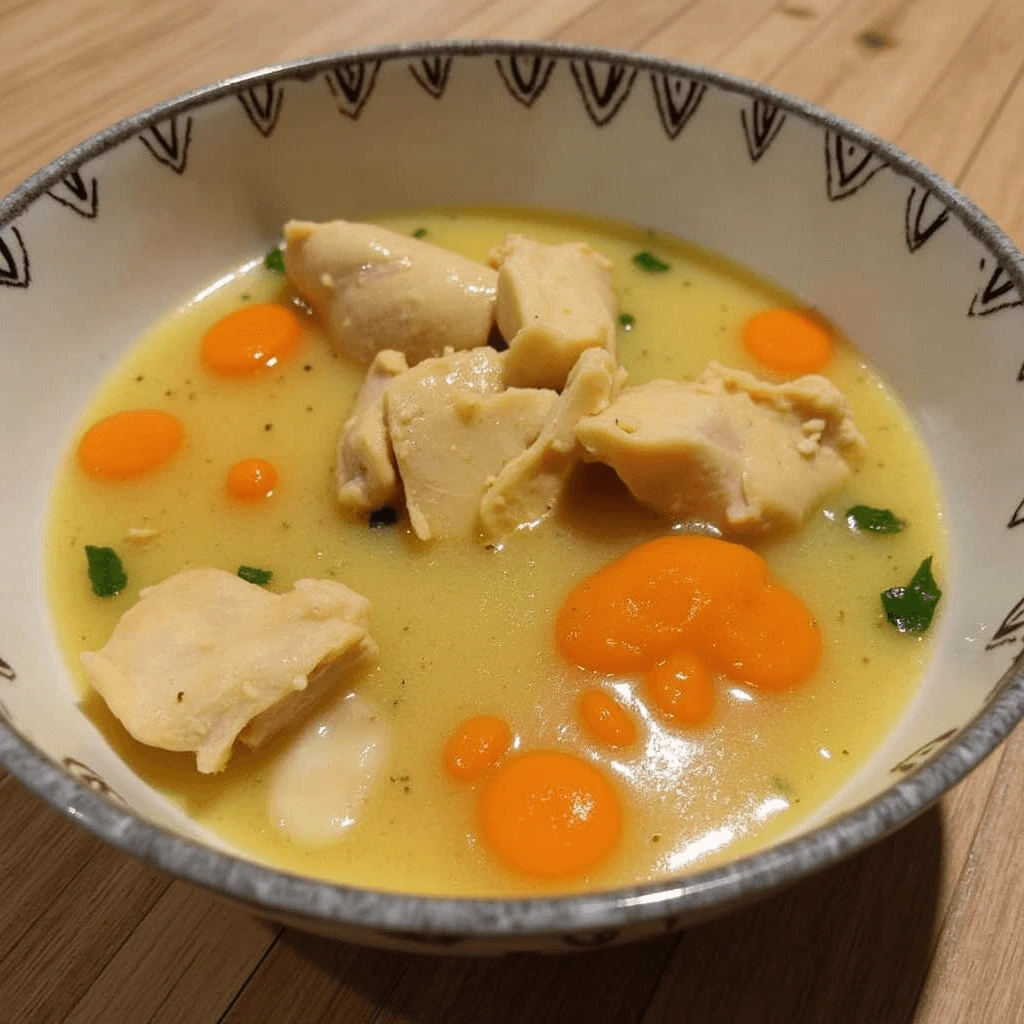 A hearty bowl of caldo de pollo with tender chicken, fresh vegetables, and a lime wedge on the side.