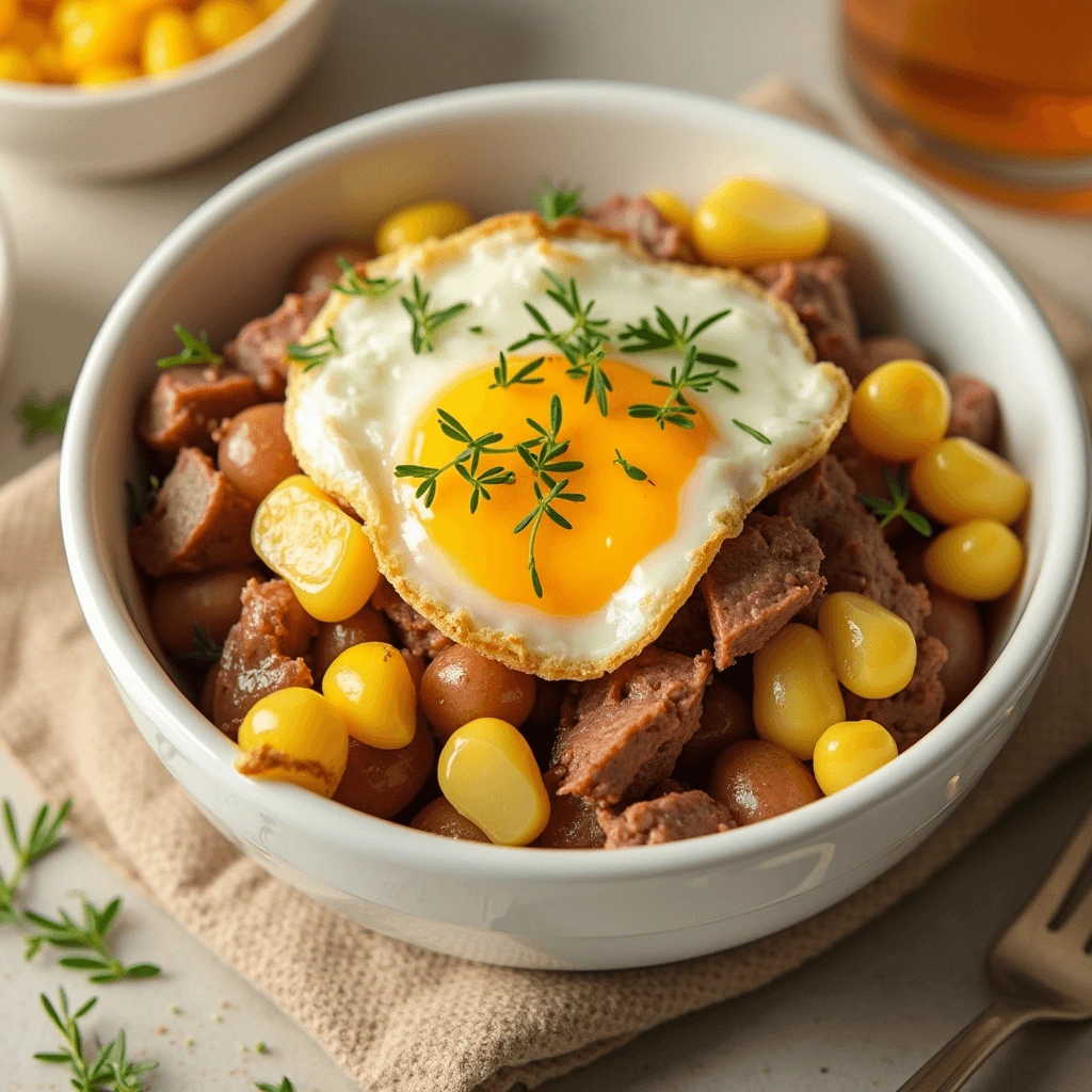 Delicious canned corned beef breakfast served with sautéed vegetables and eggs, no potatoes