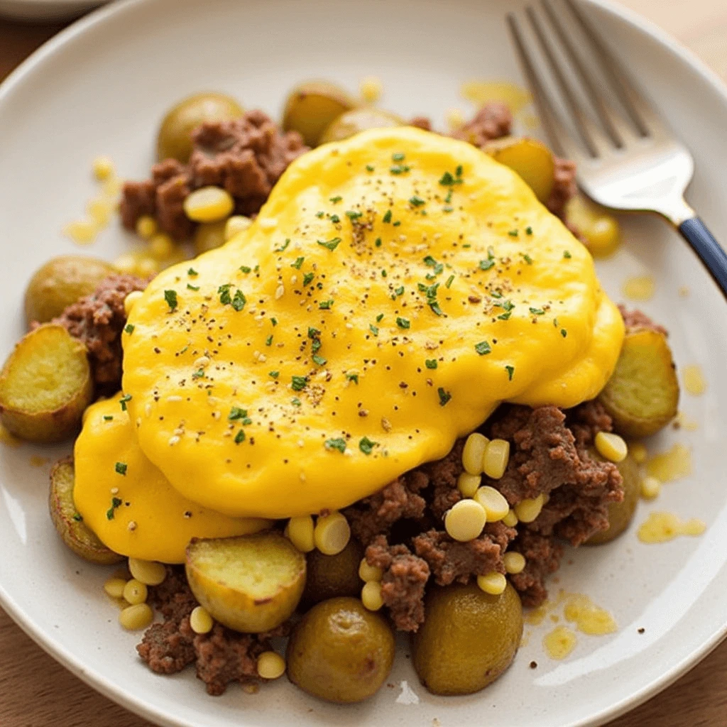 Potato-free canned corned beef breakfast served with eggs and vegetables