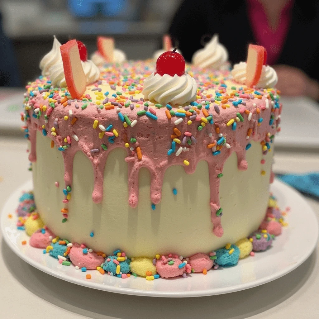 A beautifully decorated Carvel Ice Cream Cake with chocolate and vanilla ice cream layers, topped with colorful frosting and chocolate crunchies.