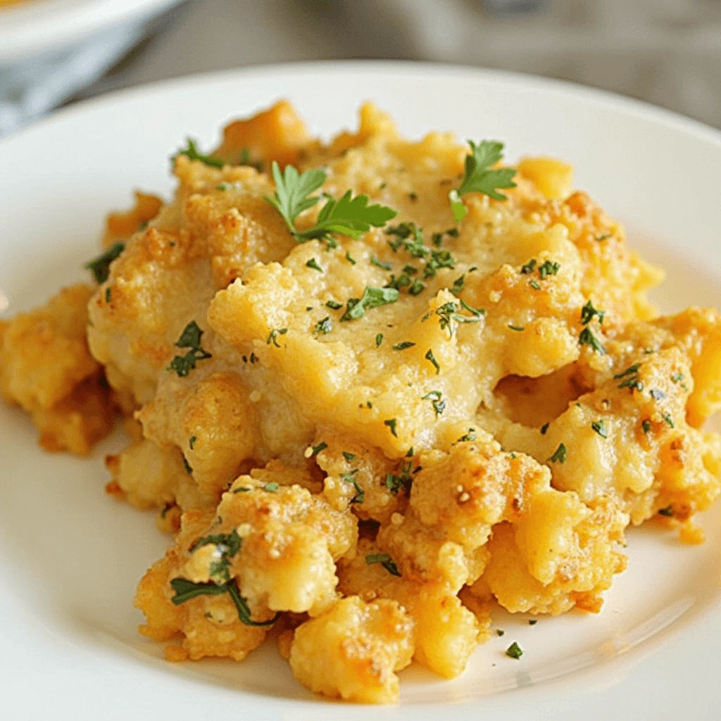 A freshly baked casserole in a white dish, filled with layers of cheese, vegetables, and meat, garnished with fresh herbs.