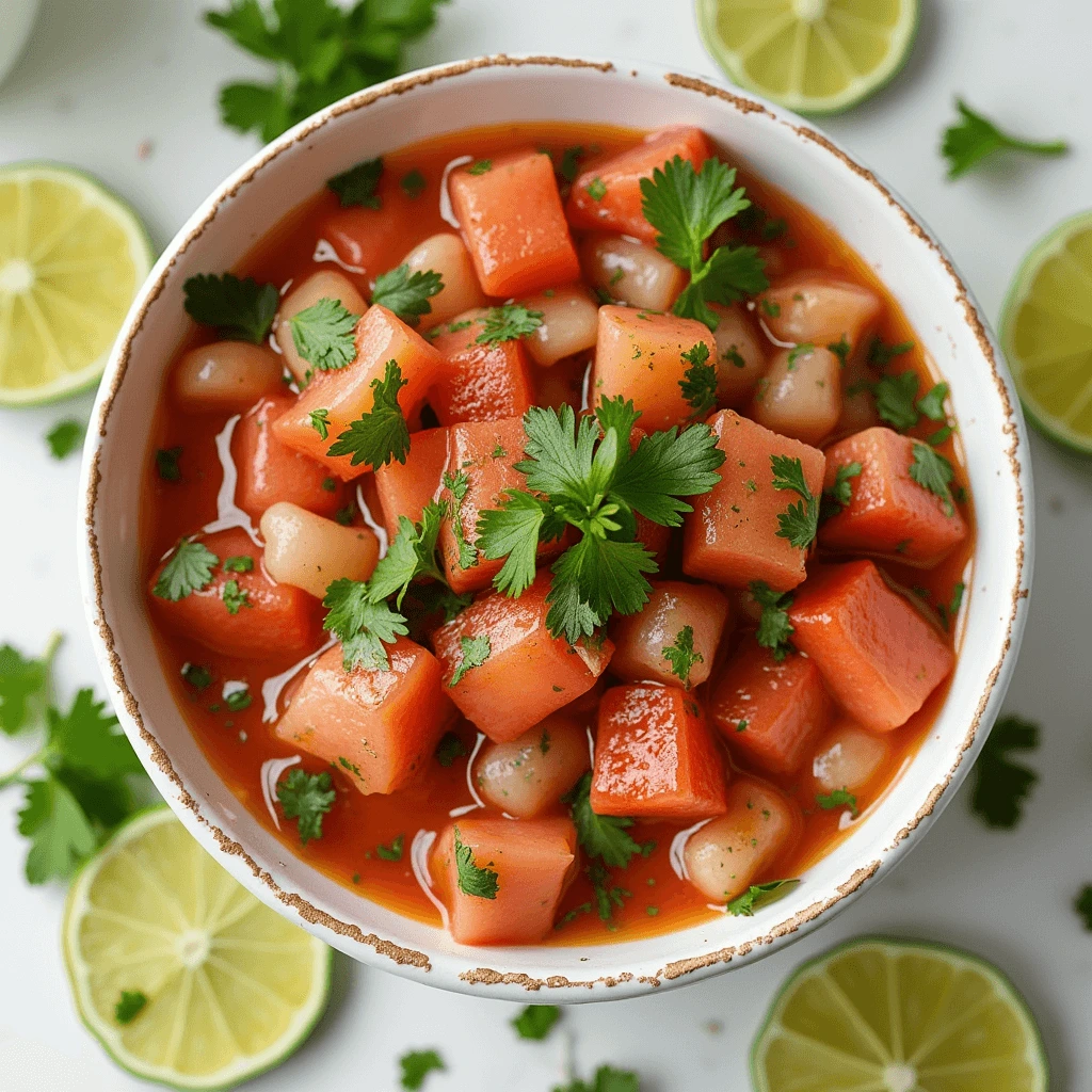 Fresh ceviche made with seafood, lime, cilantro, and vegetables served in a bowl.