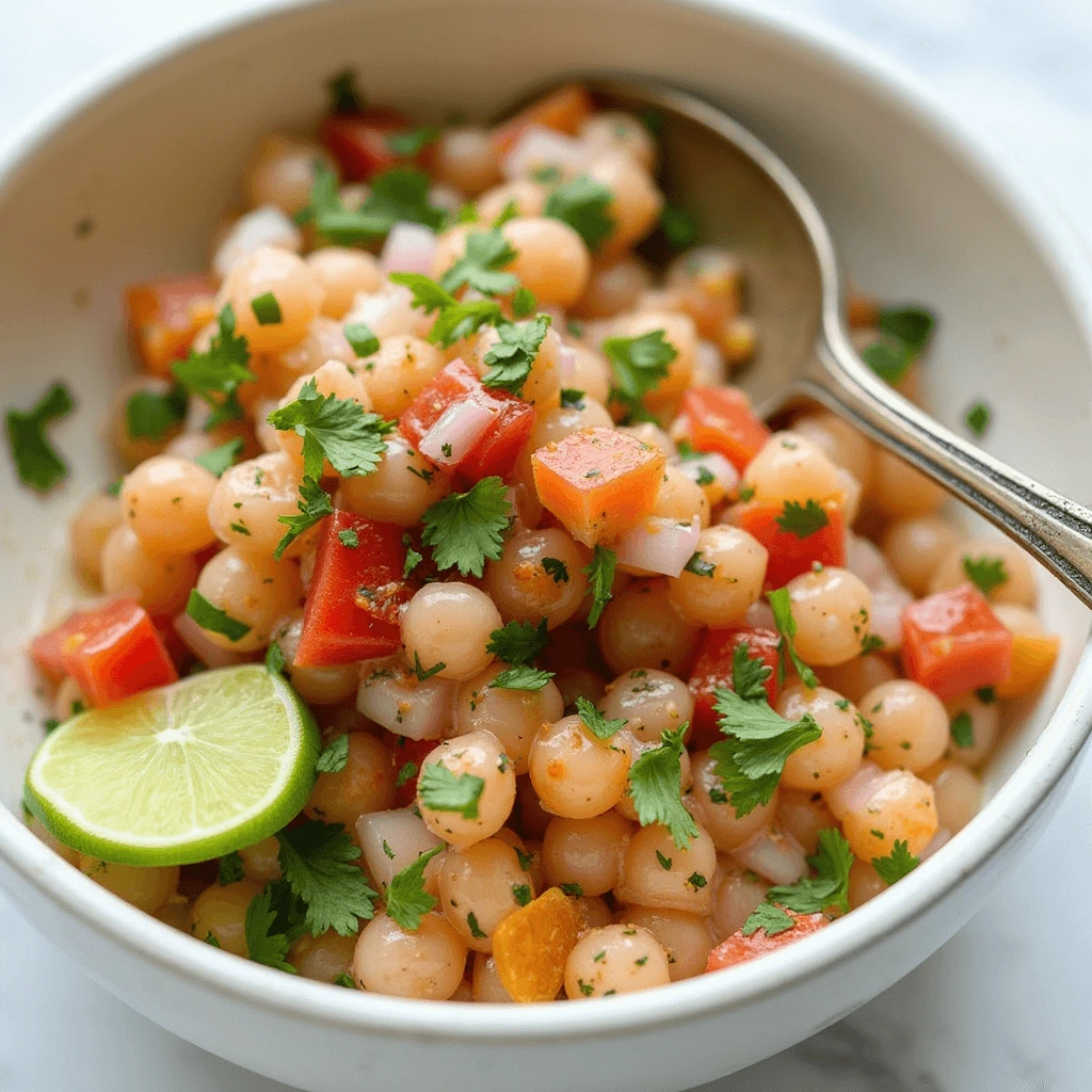 Colorful ceviche dish with fresh seafood, lime juice, cilantro, and red onions served in a white bowl.