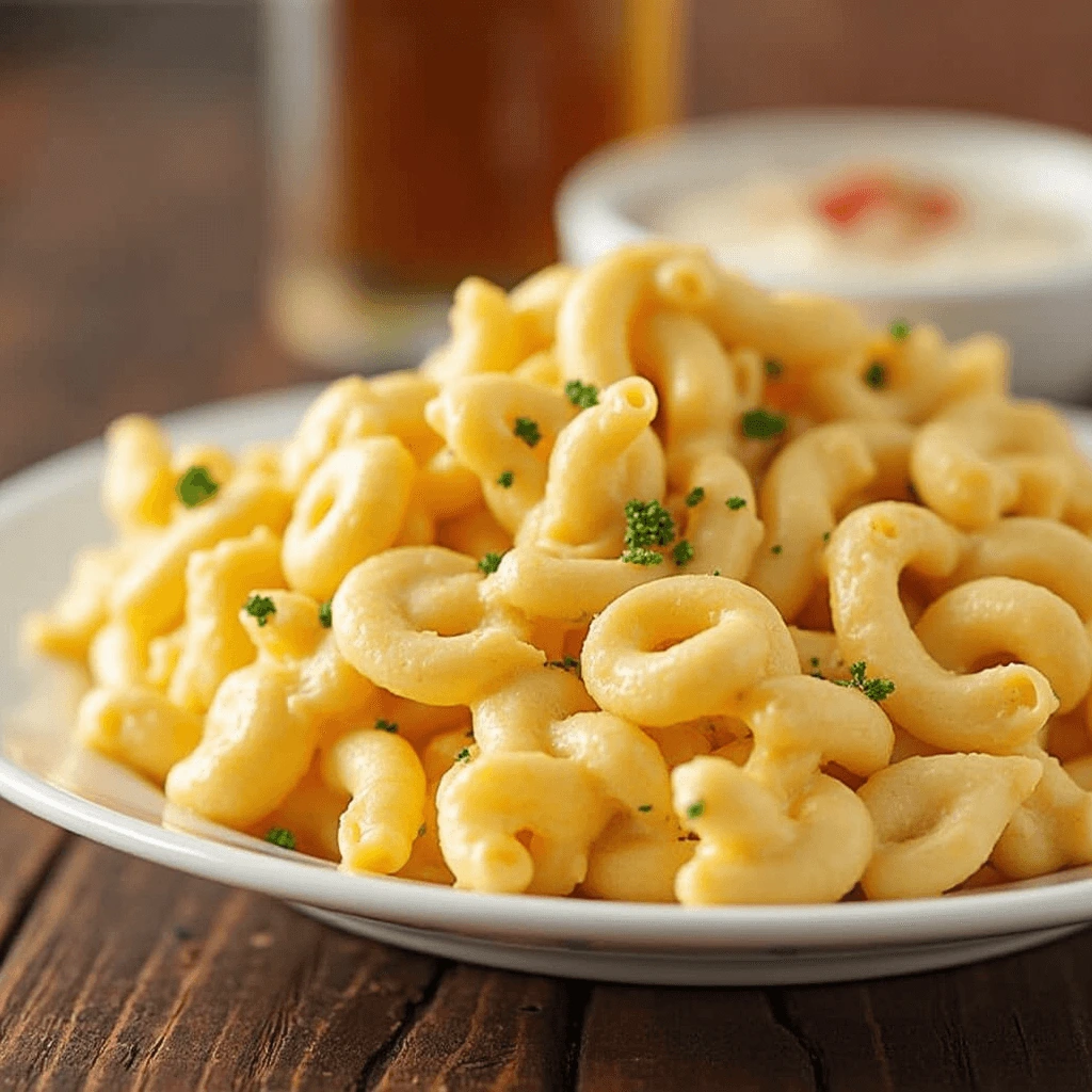 Homemade Chick-fil-A mac and cheese served in a white dish with a golden baked cheese topping.