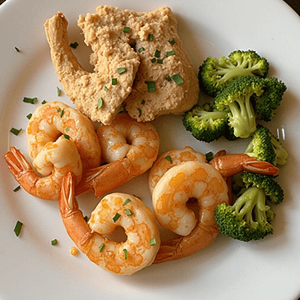 A delicious plate of grilled chicken and shrimp served with vegetables and herbs