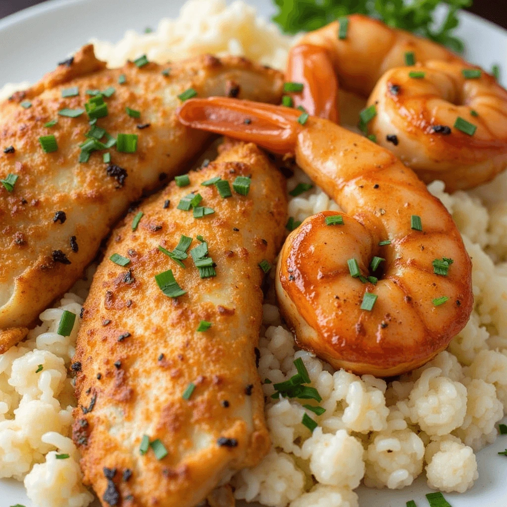 A flavorful chicken and shrimp dish served with fresh vegetables and a creamy sauce, garnished with parsley on a white plate.