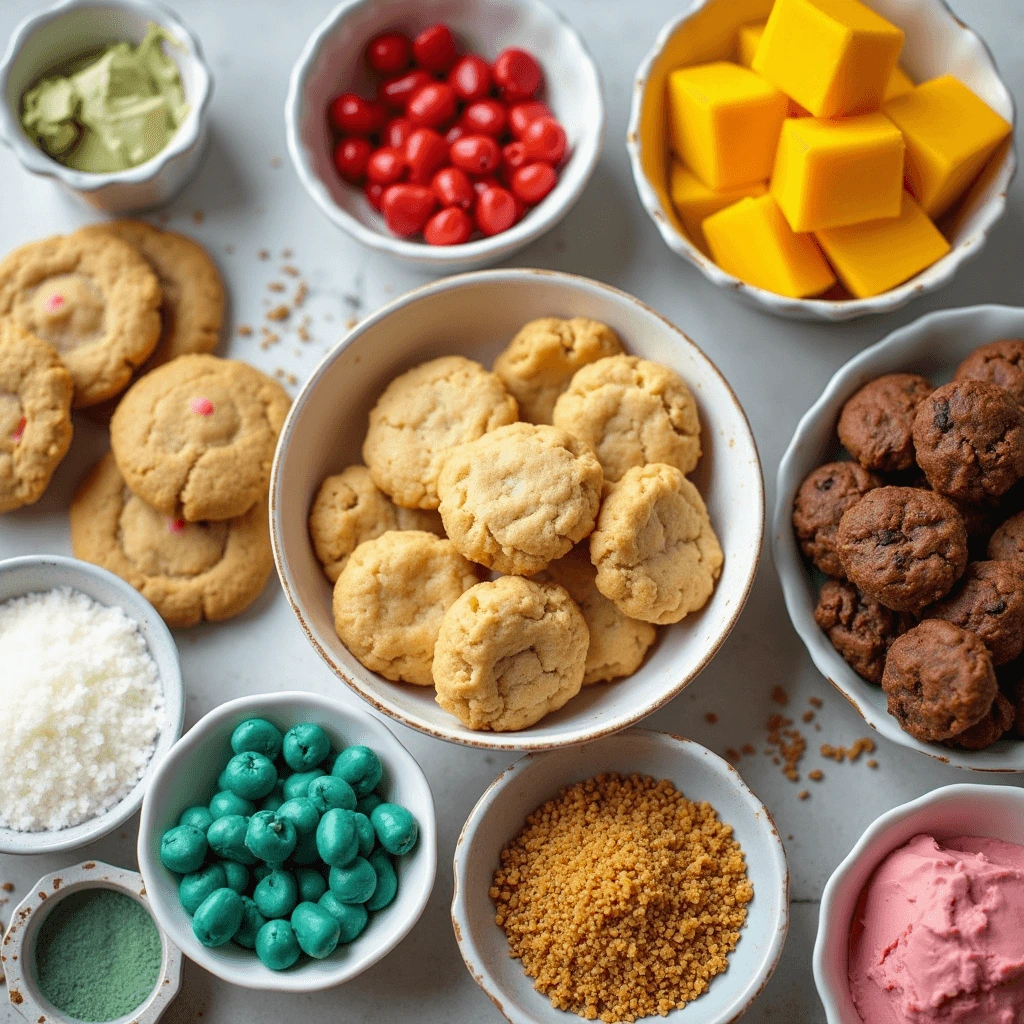 A variety of cookies decorated with colorful sprinkles, candy-coated chocolates, and vibrant icing on a wooden table.