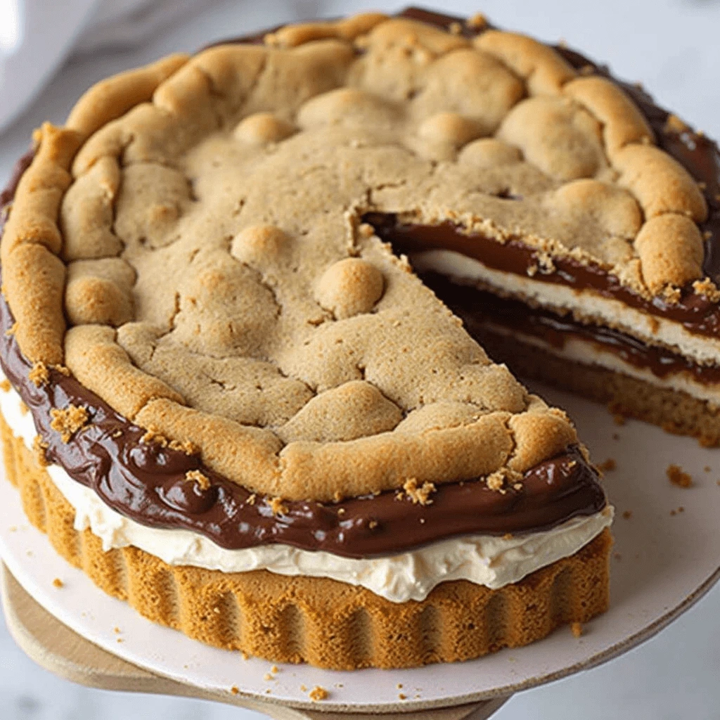 Freshly baked cookie cake with colorful M&Ms, chocolate chips, and frosting on top.