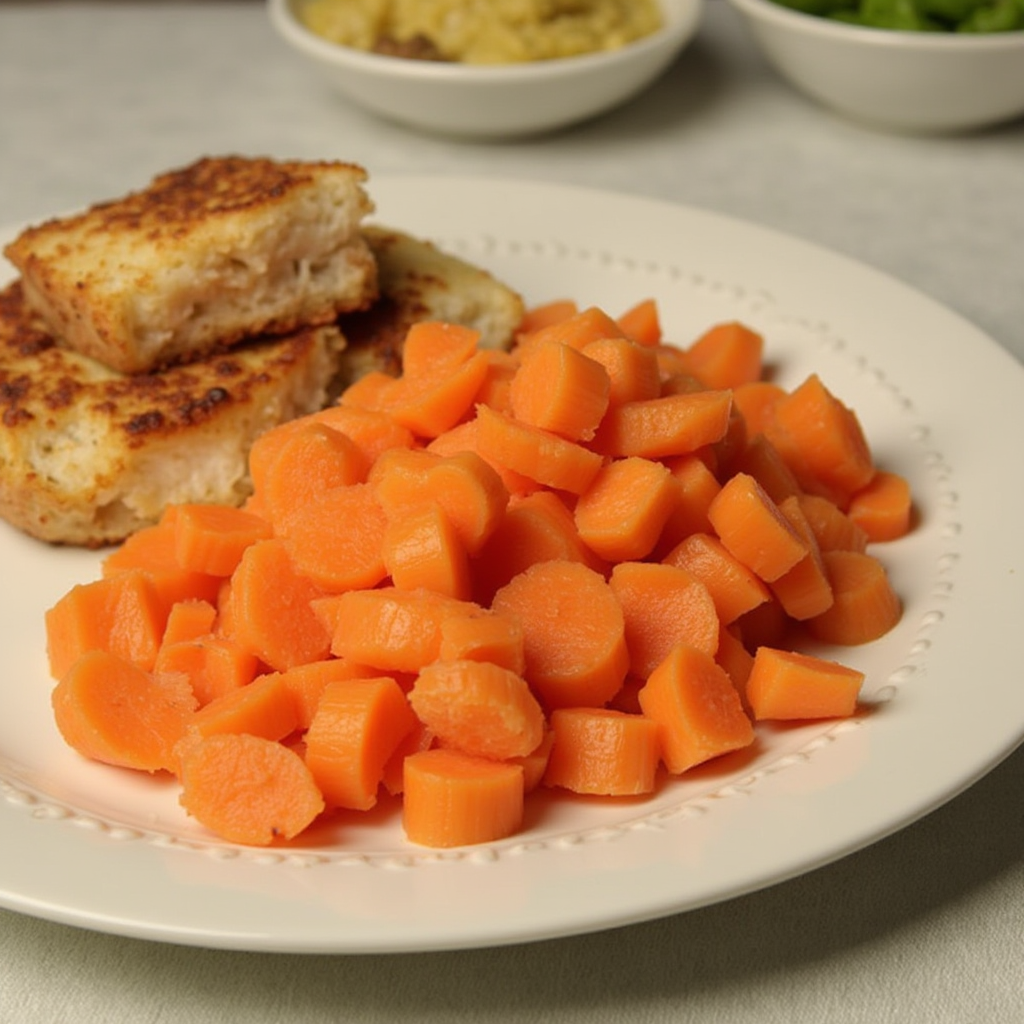 Frozen diced carrots in a bowl surrounded by fresh vegetables, showcasing ingredients for quick and easy dinner recipes.