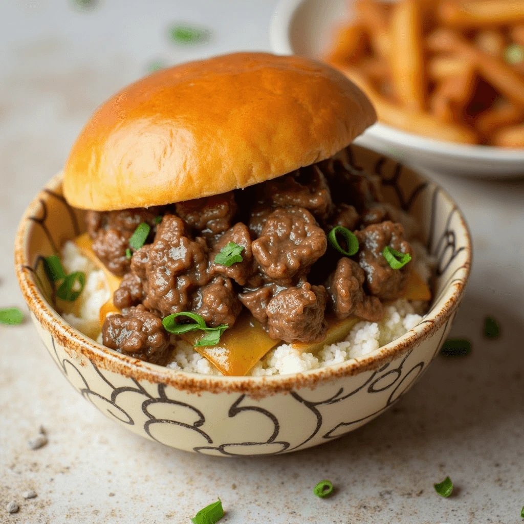 A skillet filled with juicy ground beef, onions, and tomatoes, topped with fresh parsley.