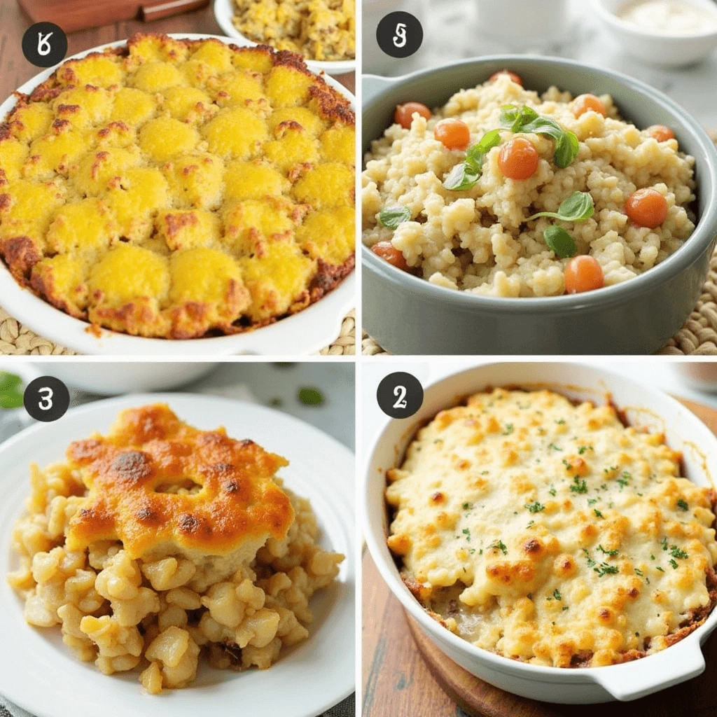 A close-up of a freshly baked casserole with a golden, cheesy topping, served in a white dish and surrounded by fresh vegetables.