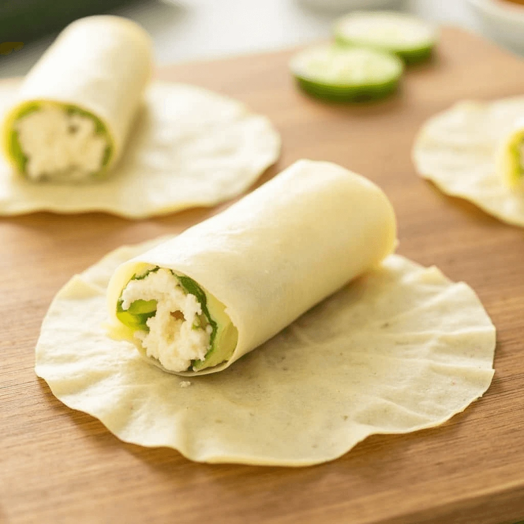 Golden-brown egg rolls filled with cream cheese and jalapeños, served on a plate with a side of dipping sauce.