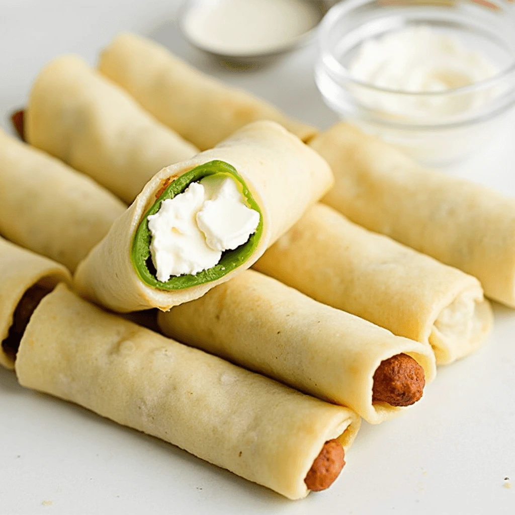 Crispy golden-brown egg roll wrappers filled with cream cheese and jalapeños, served with a side of dipping sauce.